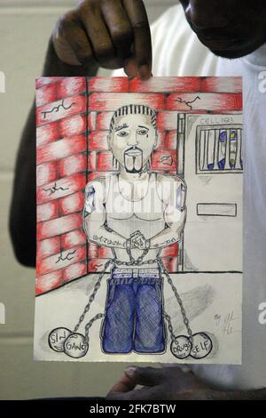 STOCKTON, UNITED STATES - Aug 17, 2005: Inmate at a Correctional facility in Stockton, California displays anti-gang sketching. Stock Photo