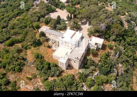 Muhraka monastery of the Carmelite On the south-eastern peak of Mount Carmel, Aerial view. Stock Photo