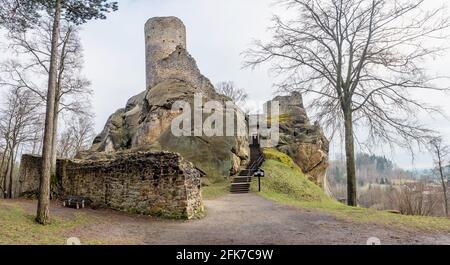 Frydstejn castle panorama in spring day. Ruins of popular stronghold built in 13th century at Mala Skala, Czech Republic Stock Photo