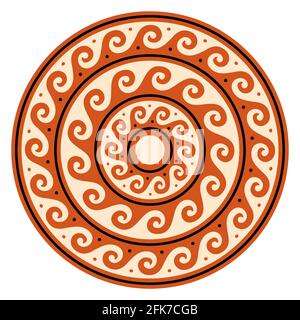Greek wave vector mandala, ancient round meander art in circle, orange design isolated on white Stock Vector