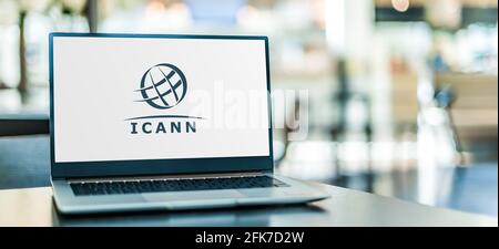 POZNAN, POL - APR 15, 2021: Laptop computer displaying logo of The Internet Corporation for Assigned Names and Numbers, an American multistakeholder g Stock Photo