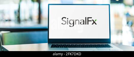 POZNAN, POL - MAR 24, 2021: Laptop computer displaying logo of SignalFx, a SaaS-based monitoring and analytics platform based in San Mateo, California Stock Photo
