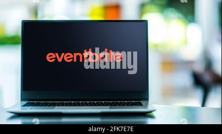 POZNAN, POL - MAR 15, 2021: Laptop computer displaying logo of Eventbrite, an American event management and ticketing website Stock Photo
