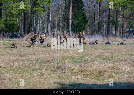 Reconstruction of the Second World War. The Russian partisan detachment is defending itself. The Great Patriotic War. Liberation of Odessa. Zelenograd Stock Photo