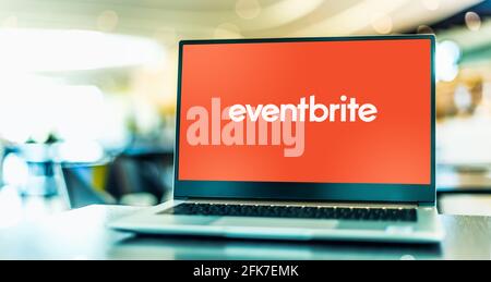 POZNAN, POL - MAR 15, 2021: Laptop computer displaying logo of Eventbrite, an American event management and ticketing website Stock Photo