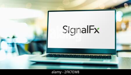 POZNAN, POL - MAR 24, 2021: Laptop computer displaying logo of SignalFx, a SaaS-based monitoring and analytics platform based in San Mateo, California Stock Photo