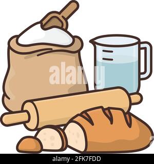 Homemade bread, bag of flour, rolling pin and measuring cup isolated vector illustration for #homemadebreadday on November 17. Stock Vector