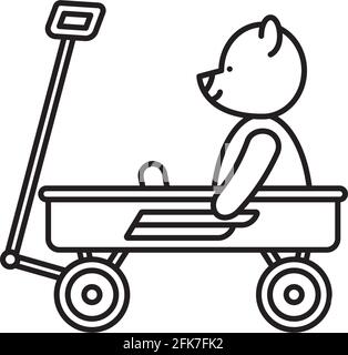 Teddy bear in little toy wagon vector line icon. Children's toys outline symbol. Stock Vector