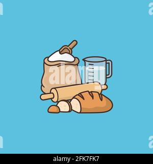 Homemade bread, bag of flour, rolling pin and measuring cup vector illustration for #homemadebreadday on November 17. Stock Vector