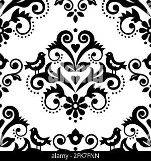 Damask tiled textile or fabric print vector pattern with flowers, birds and swirls, elegant repetitive design in black and white Stock Vector