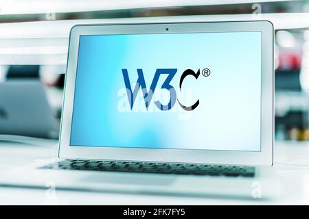 POZNAN, POL - APR 15, 2021: Laptop computer displaying logo of The World Wide Web Consortium (W3C), the main international standards organization for Stock Photo