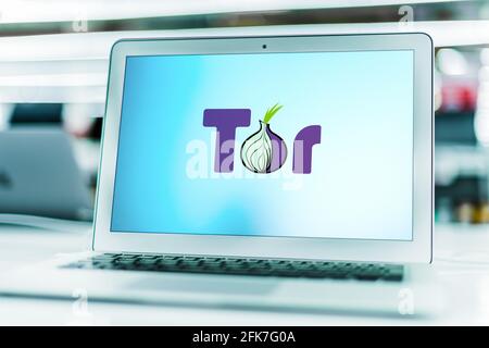 POZNAN, POL - APR 15, 2021: Laptop computer displaying logo of Tor, software for enabling anonymous communication Stock Photo