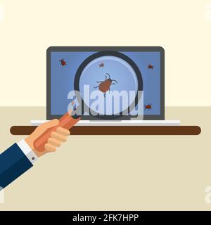 Hand holding a magnifying glass with bugs on a laptop screen Stock Vector