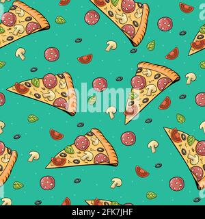 Pizza slice seamless vector pattern. colored pizza slices in sketch illustration style, on turquoise background. Stock Vector
