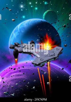 space battle around a alien planetary system, 3d illustration Stock Photo