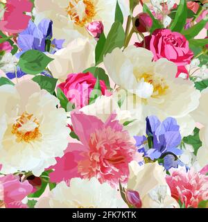 Seamless pattern with blooming roses and peonies. Stock Vector