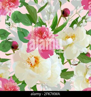 Seamless pattern with blooming realistic peonies. perfect background for invitations, cards, textiles. Stock Vector