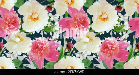 Seamless pattern with blooming realistic peonies. perfect background for invitations, cards, textiles. Stock Vector
