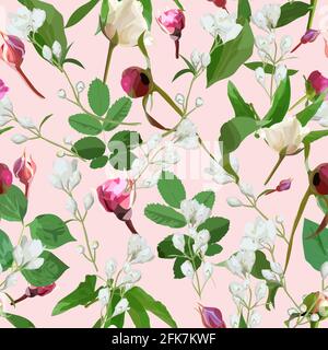 Seamless pattern with green leaves and branches and rosebuds Stock Vector