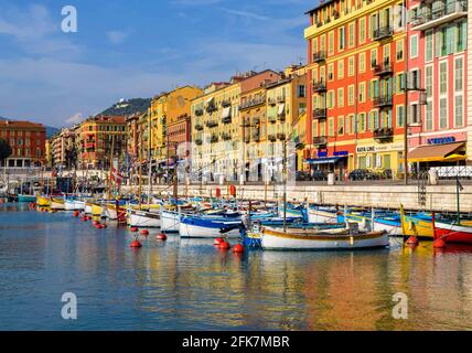 Nice, France. 1st August 2019. Colourful boats moored at Port Lympia, daytime view. Credit: Vuk Valcic / Alamy Stock Photo