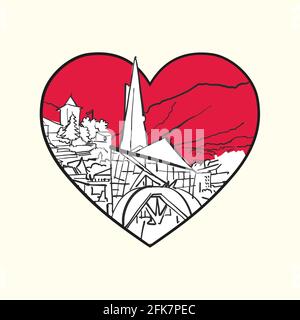 I love Andorra la Vella. Red heart and famous buildings, Andorra Composition. Hand-drawn black and white vector illustration. Grouped and movable obje Stock Vector