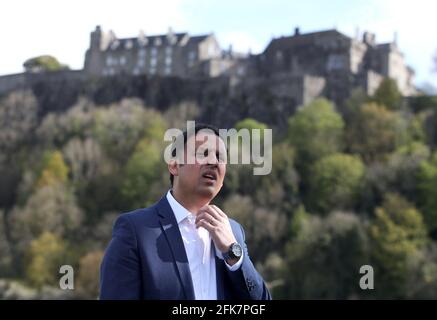Scottish Labour leader Anas Sarwar unveils Scottish LabourÕs second vote battle bus in front of Stirling Castle in Stirling, during campaigning for the Scottish Parliamentary election. Picture date: Thursday April 29, 2021. Stock Photo