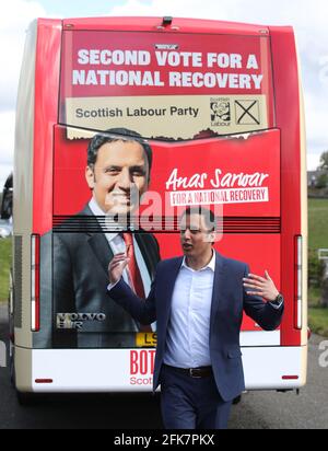 Scottish Labour leader Anas Sarwar as he unveils Scottish LabourÕs second vote battle bus in front of Stirling Castle in Stirling, during campaigning for the Scottish Parliamentary election. Picture date: Thursday April 29, 2021. Stock Photo