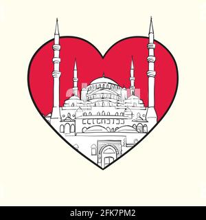 I love Ankara. Red heart and famous buildings, Turk Composition. Hand-drawn black and white vector illustration. Grouped and movable objects. Stock Vector