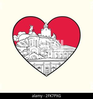 I love Tbilisi. Red heart and famous buildings, Montenegro Composition. Hand-drawn black and white vector illustration. Grouped and movable objects. Stock Vector