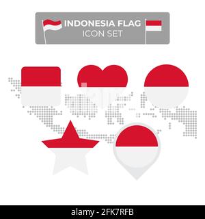 Indonesia flag icons set in the shape of square, heart, circle, stars and pointer, map marker. Mosaic map of indonesia. Vector indonesian flat symbol Stock Vector