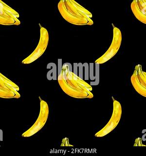 Seamless pattern with watercolor illustration of bananas on black Stock Photo