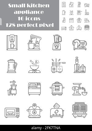 Kitchen small appliances line pixel perfect icons set vector. Household tools symbol for app, web. Cooking equipment are shown meat grinder, blender, Stock Vector