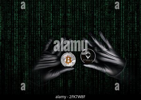 Hands in a black gloves holding bitcoin and Ethereum coin. International hacker is trying to steel your crypto currencys. Blockchain security. Thief with laptop is hacking governments computers. Phishing attacks.  Stock Photo