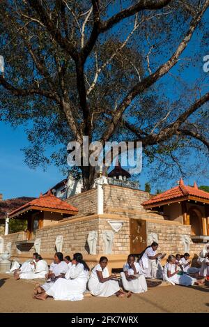 Kandy, Sri Lanka: some women dressed in white sit eating inside the temple of sacred tooth relic Stock Photo