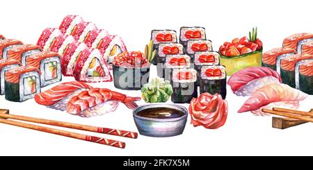 Seamless border japanese cuisine. Background with different sushi elements, watercolor illustration. For design sushi restaurant menu, print, decor, d Stock Photo