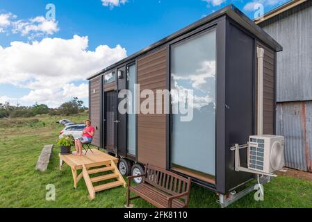 A rented (Air BNB) mobile tiny home or house on a rural property in New South Wales, Australia Stock Photo