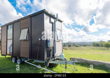A rented (Air BNB) mobile tiny home or house on a rural property in New South Wales, Australia Stock Photo