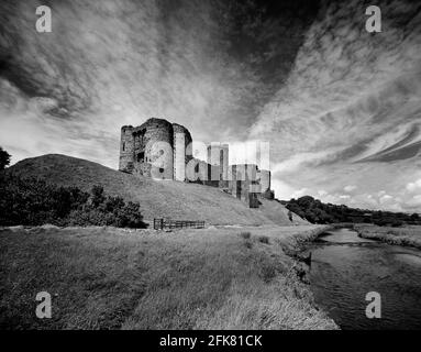 Black and White Norman Castle  & river Gwendraeth Carmarthenshire Wales UK copy space Stock Photo