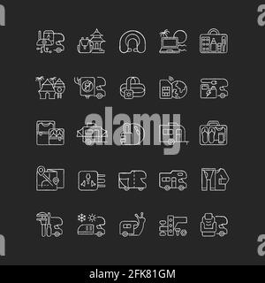 Nomadic vacations chalk white icons set on black background Stock Vector