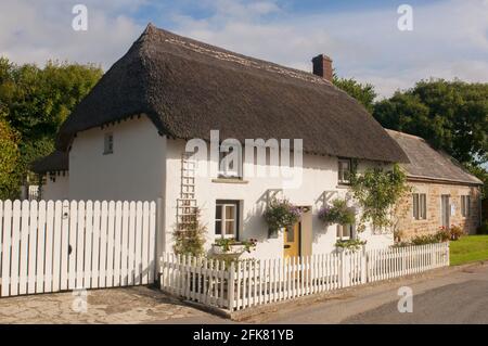 Pretty thatched cottage in Gunwalloe, Cornwall, UK. This house was once the residence of Compton Mackenzie, the author of Whiskey Galore - John Gollop Stock Photo