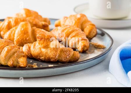 Fresh croissants on blue ceramic plate.  Continental breakfast Stock Photo