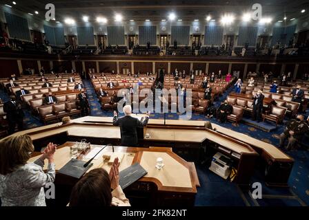 Washington, United States. 29th Apr, 2021. President Joe Biden delivers his first address to a joint session of Congress two days before his 100th day in office, at the U.S. Capitol in Washington DC, on Wednesday, April 28, 2021.b Pool photo by Melina Mara/UPI Credit: UPI/Alamy Live News Stock Photo