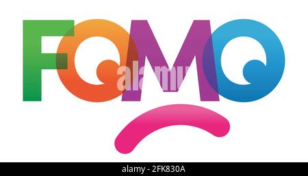 FOMO word vector illustration. Joy Of Missing Out. Colored rainbow text. Vector banner. Corporate concept. Gradient Text. Transparency Letters. Vector illustration Stock Vector
