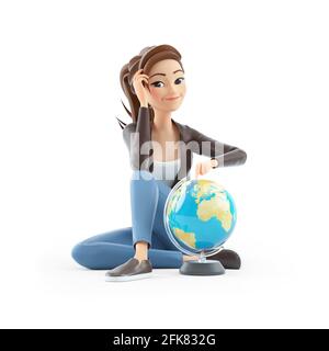 3d cartoon woman sitting on floor with terrestrial globe, illustration isolated on white background Stock Photo