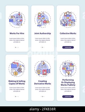 Copyright law protection onboarding mobile app page screen with concepts set Stock Vector
