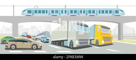 Motorway bridge with express train, truck, bus and passenger car Stock Vector
