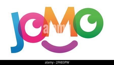JOMO word vector illustration. Joy Of Missing Out. Colored rainbow text. Vector banner. Corporate concept. Gradient Text. Transparency Letters. Vector illustration Stock Vector