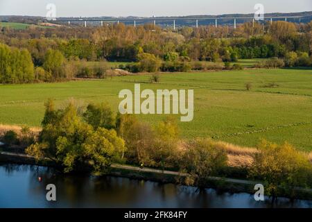 The Ruhr near Mülheim, looking south-east into the Ruhr valley, Ruhrtalbrücke, A52 motorway, Mülheim an der Ruhr, NRW, Germany, Stock Photo