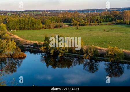 The Ruhr near Mülheim, looking south-east into the Ruhr valley, Ruhrtalbrücke, A52 motorway, Mülheim an der Ruhr, NRW, Germany, Stock Photo