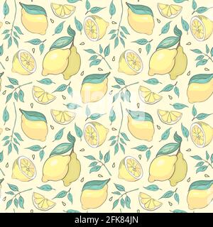 Nice lemon background. Vector hand-drawn seamless pattern on yellow background Stock Vector